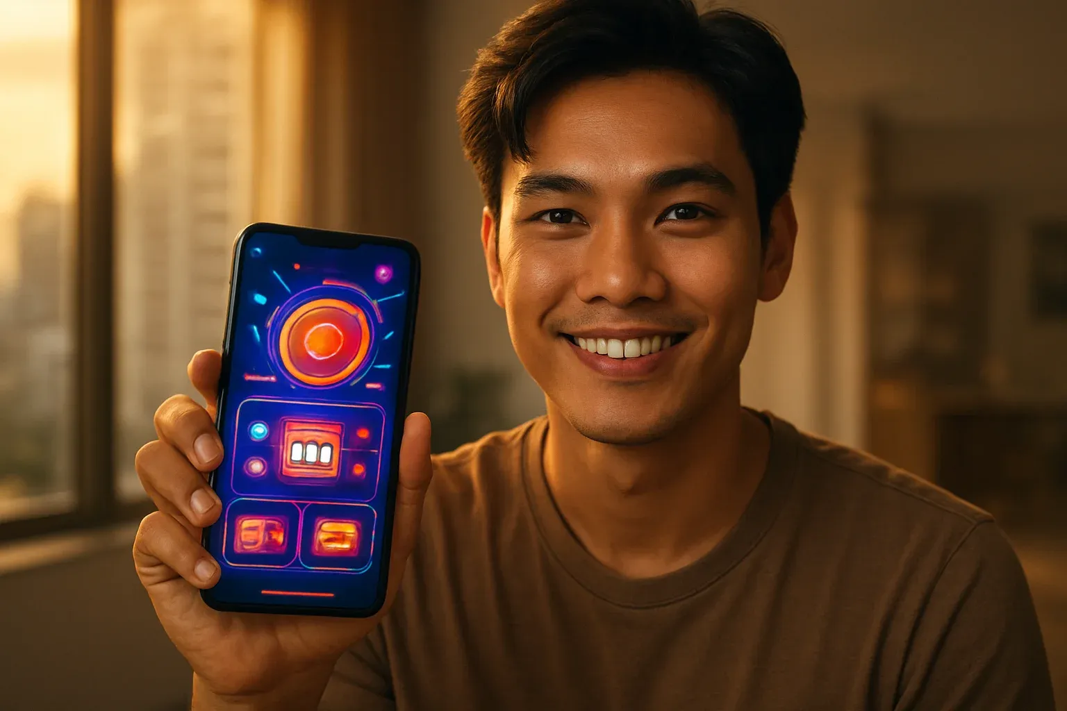Chàng trai Việt cầm smartphone hiển thị giao diện casino rực sáng