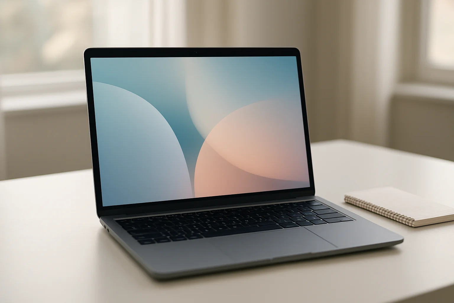 Laptop hiện đại trên bàn trắng, màn hình trừu tượng phát sáng, ánh sáng tự nhiên