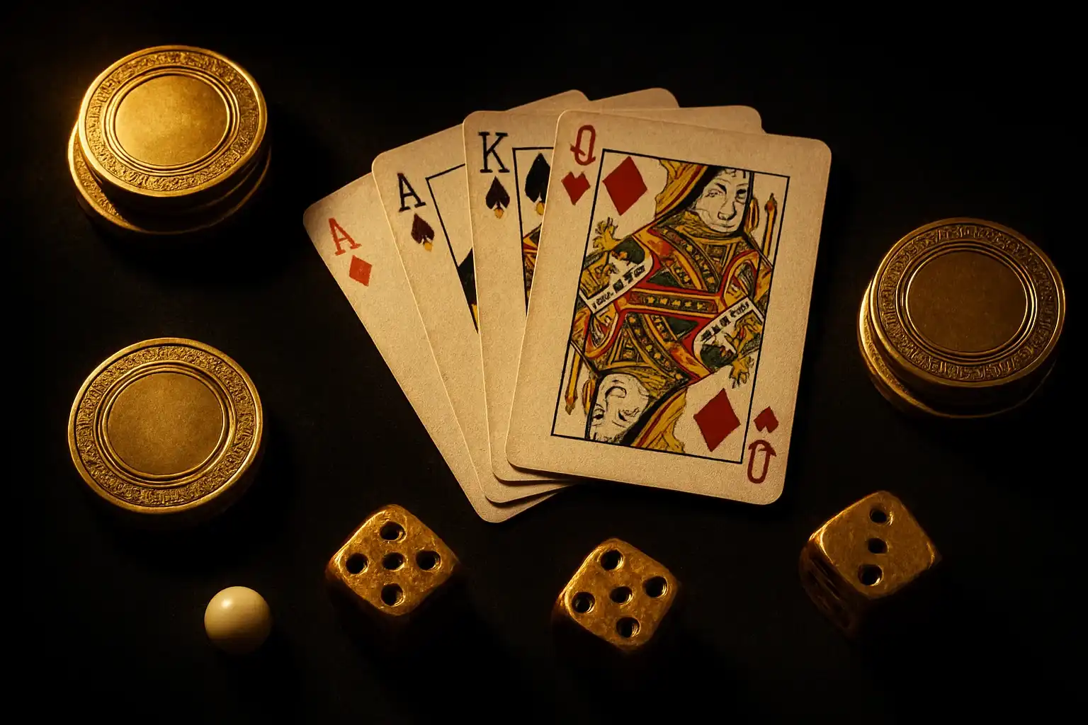 Flat-lay casino nhung đen với chip vàng, bài, xúc xắc, bóng roulette
