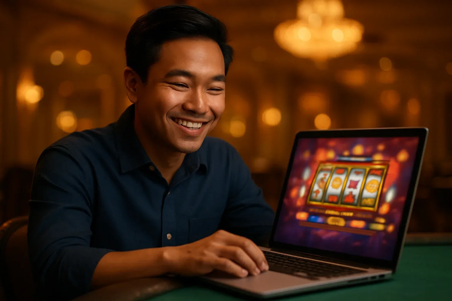 Chân dung nam Việt Nam cười tự tin bên laptop giao diện casino rực sáng
